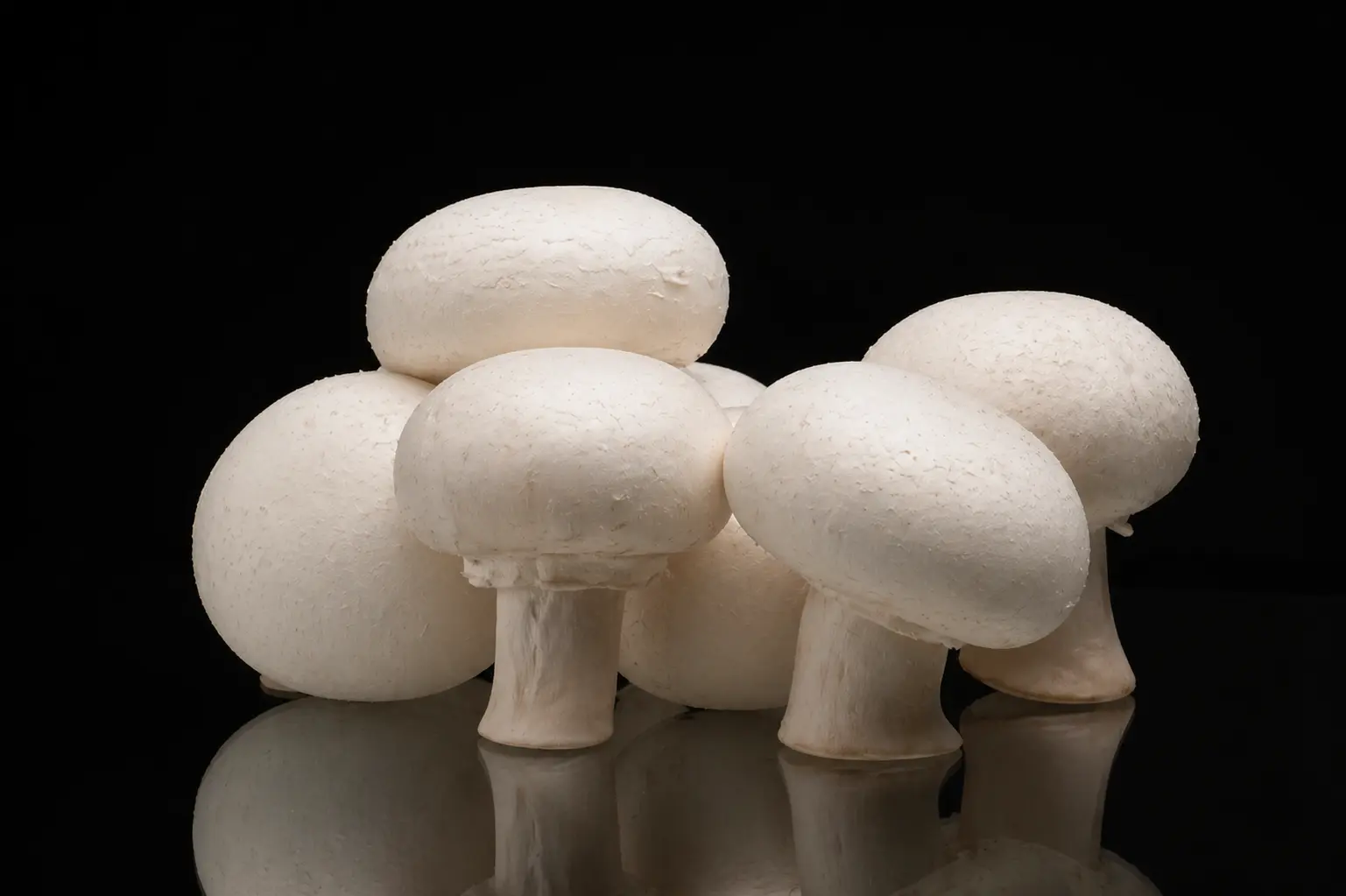 Fresh button mushrooms arranged in a crate