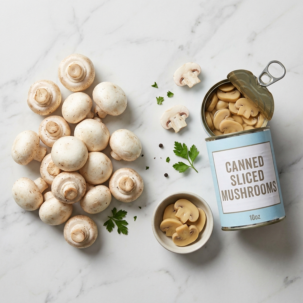 Fresh whole button mushrooms alongside an open can of sliced mushrooms