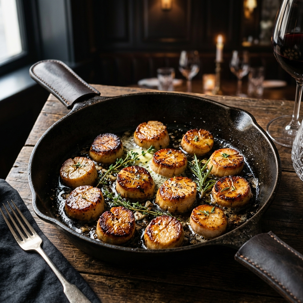 Seared king oyster mushroom rounds like scallops in a cast iron pan