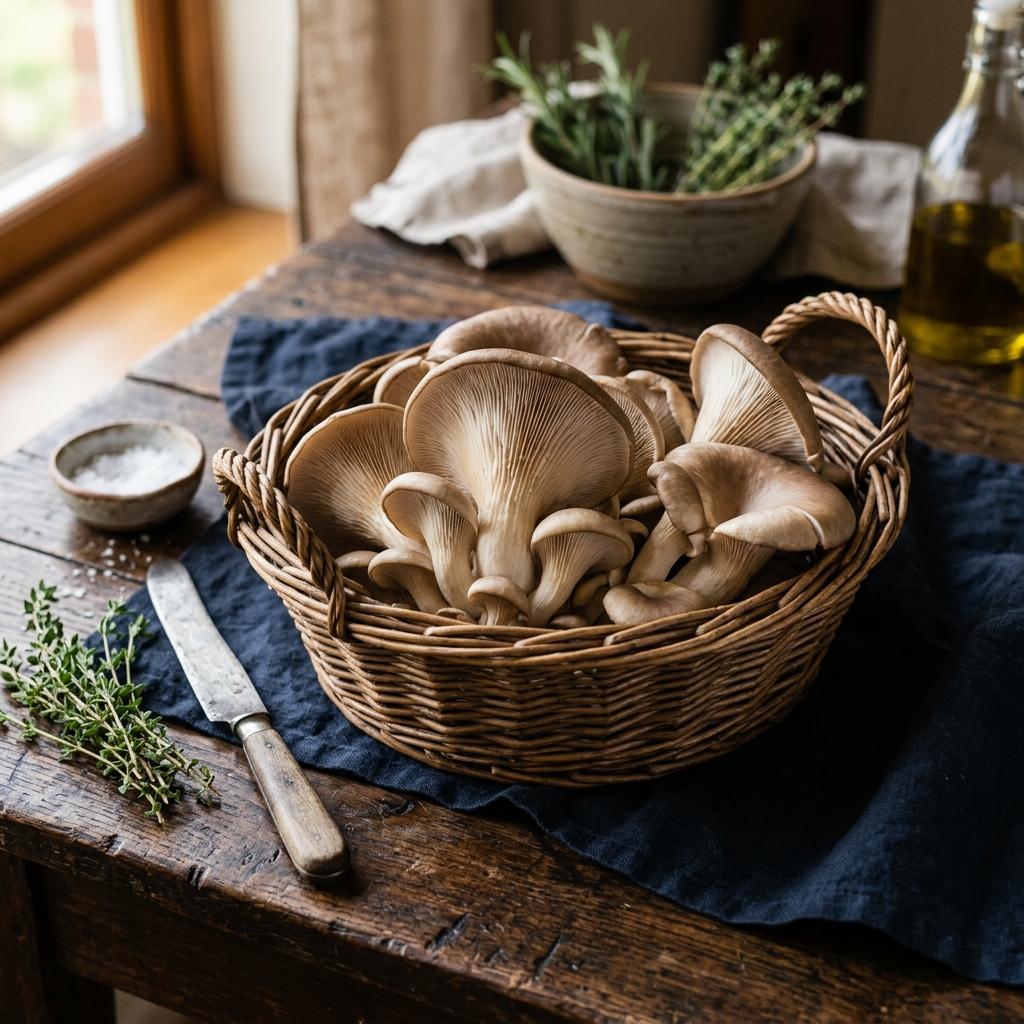 Fresh oyster mushrooms in a wicker basket
