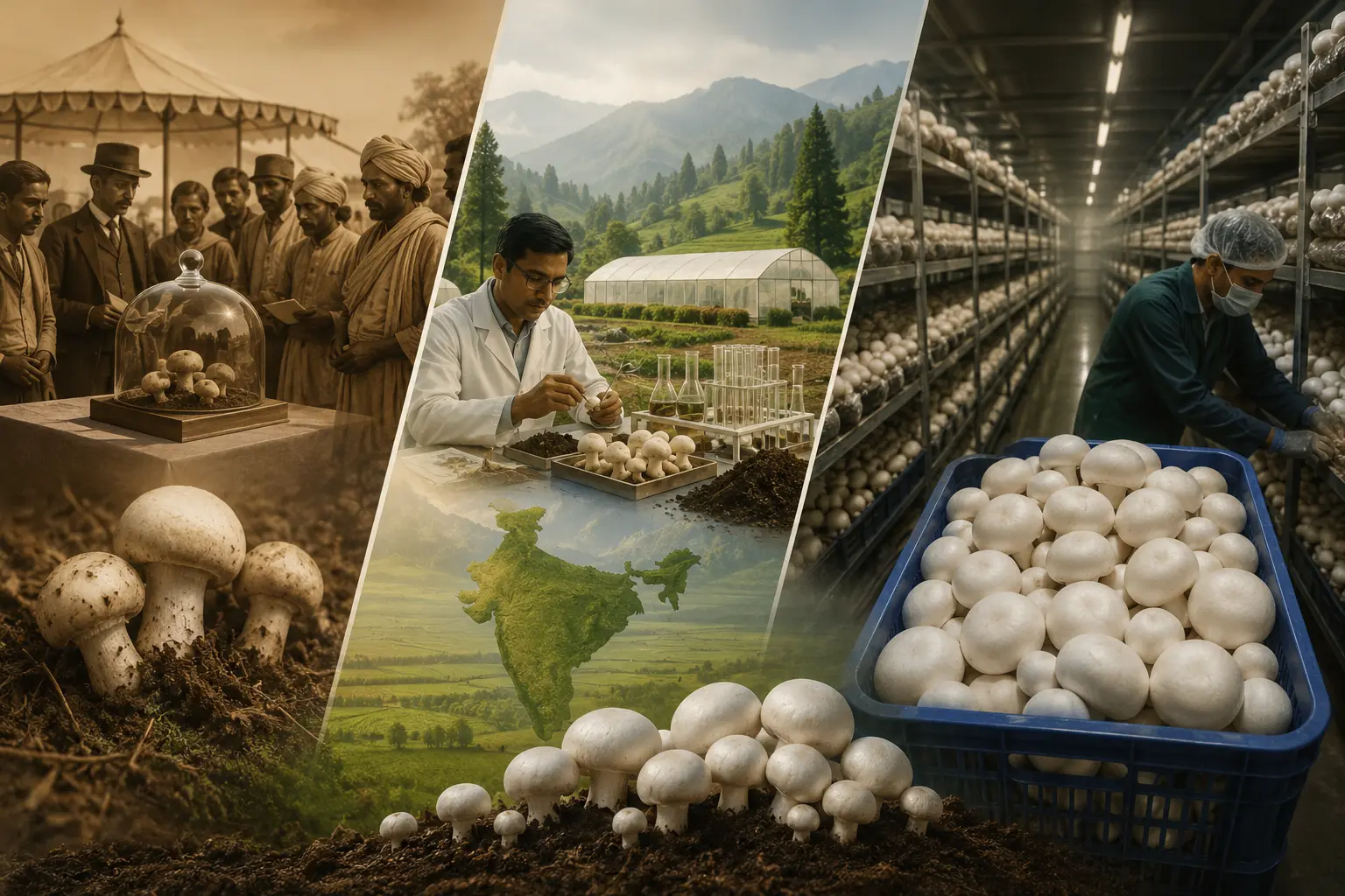 Historical progression of Indian mushroom cultivation from wild samples to commercial production