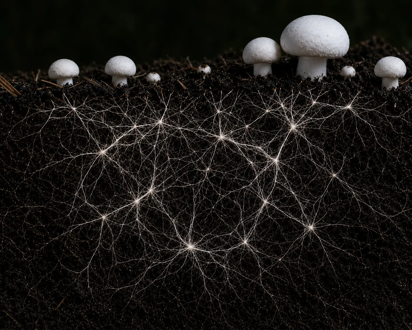 White web-like mycelium network spreading through compost during spawning phase