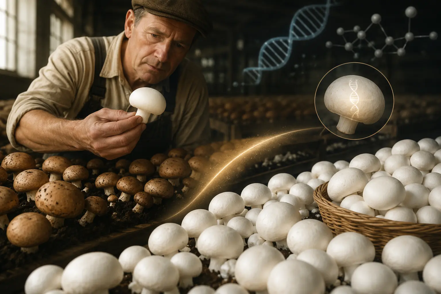 Pure white button mushroom mutation first discovered on a Pennsylvania farm in 1926